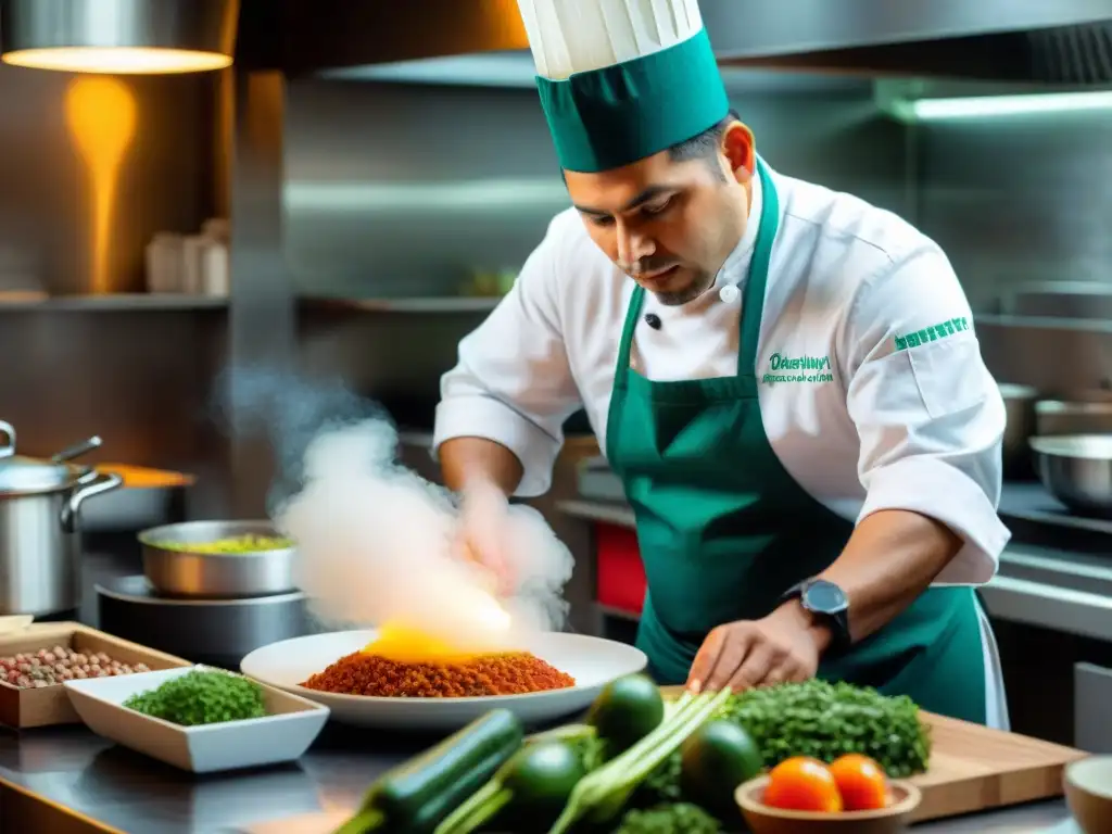 Chef Jaime Pesaque: Vanguardia Peruana en Mayta Chef peruano prepara plato innovador en la cocina de vanguardia peruana de su restaurante Mayta