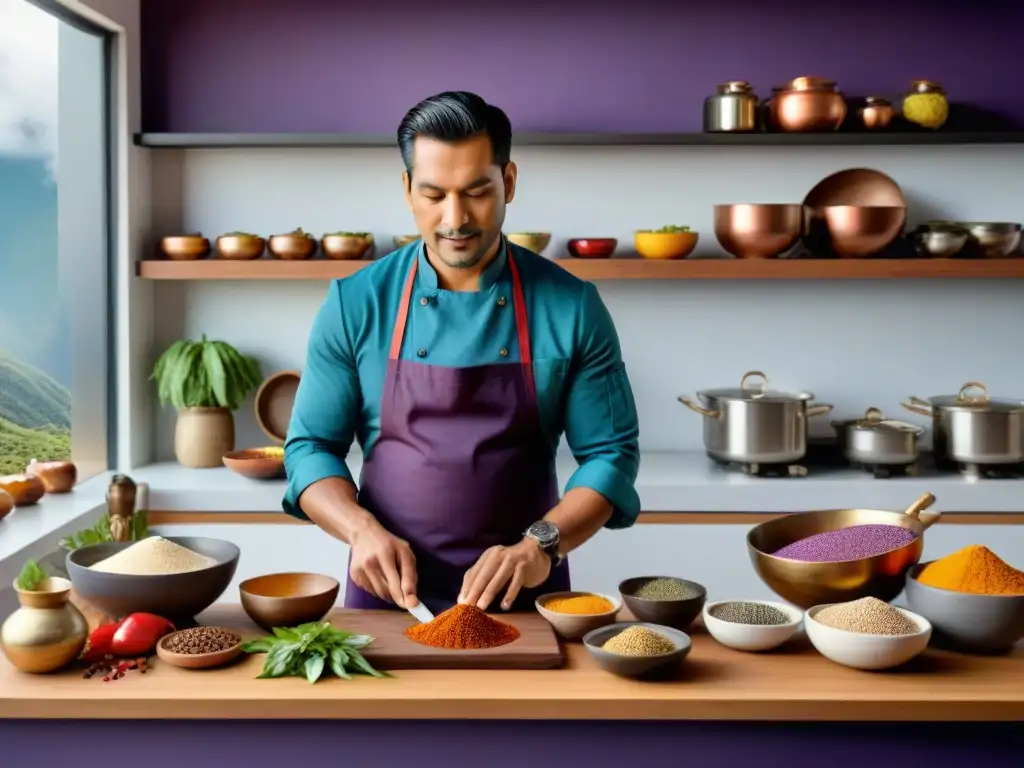 Un chef peruano preparando plato innovador con ingredientes autóctonos en cocina moderna