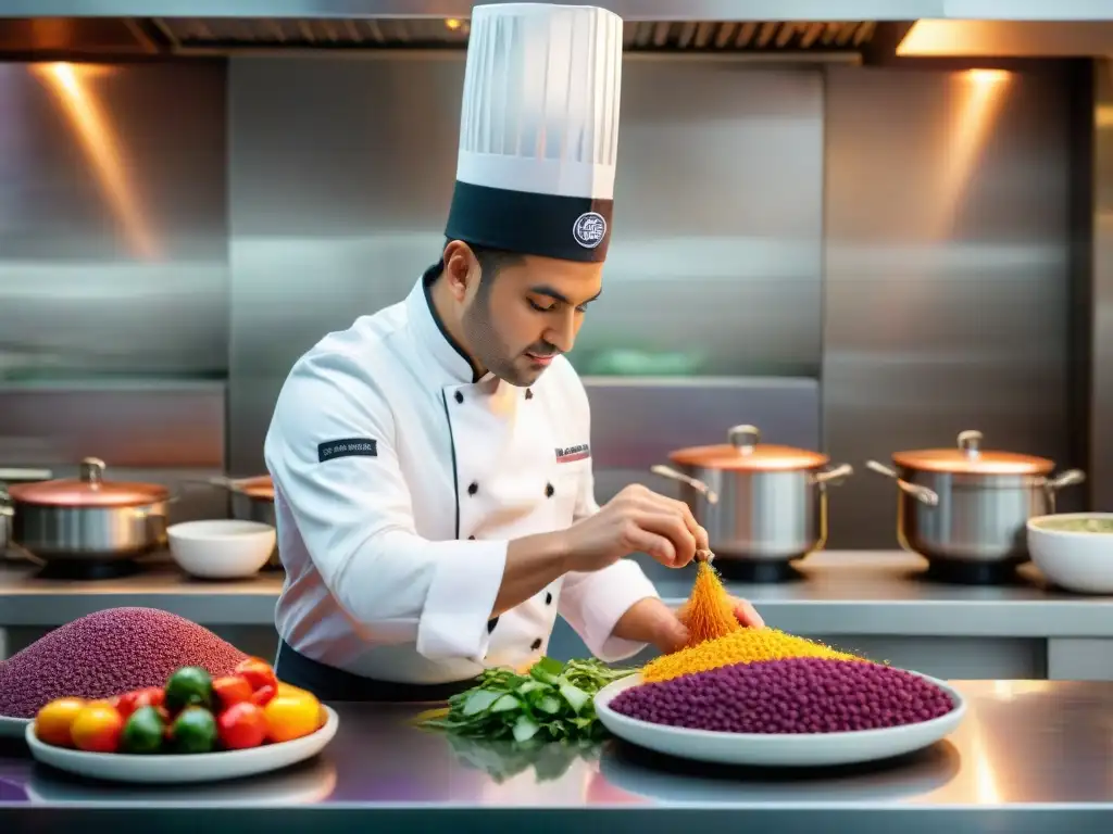 Un chef peruano preparando plato innovador en cocina de autor en Lima, con ingredientes locales