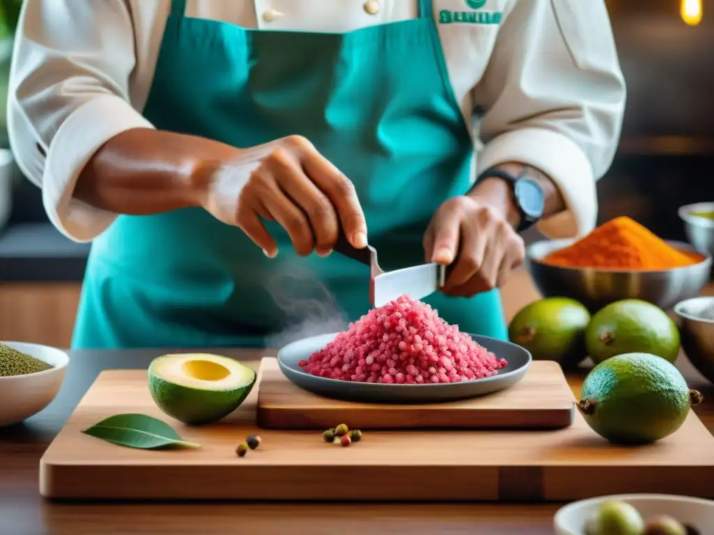 Un chef peruano hábil prepara un plato innovador con guayabas, mostrando la esencia de la gastronomía peruana