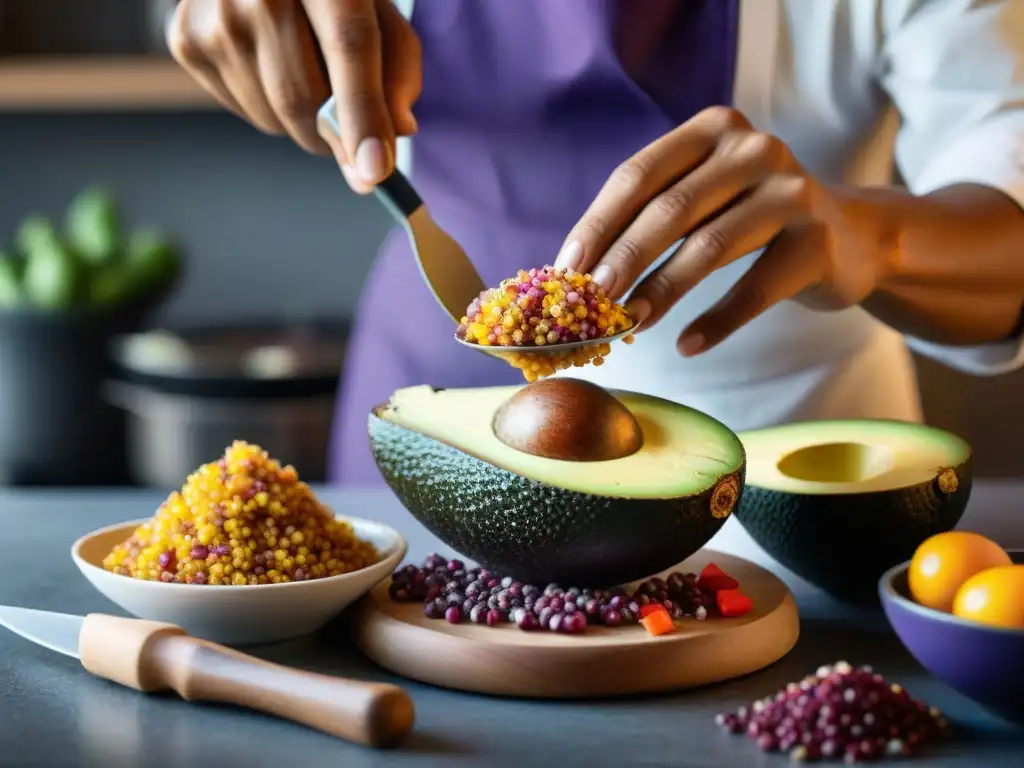 Un chef peruano prepara un plato innovador en una cocina moderna, rodeado de ingredientes autóctonos