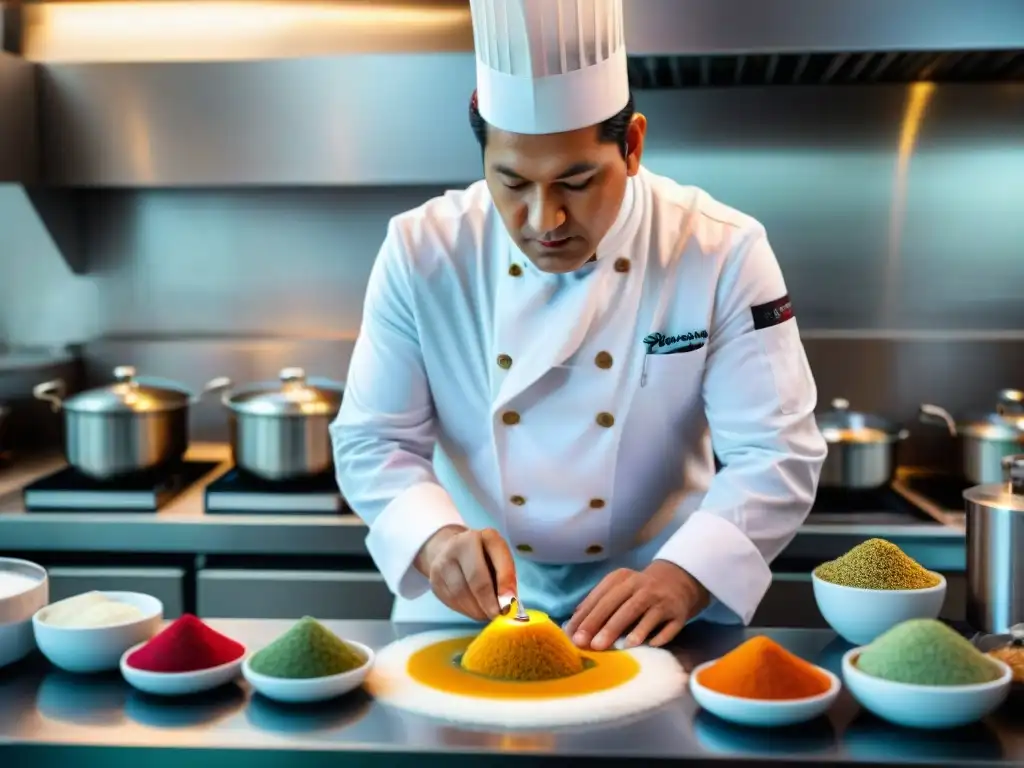 Chef peruano fusiona tradición con molecular gastronomy Un chef peruano prepara plato de gastronomía molecular en laboratorio de alta tecnología