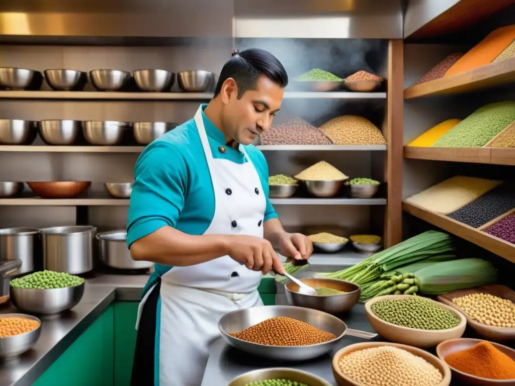 Un chef peruano preparando un plato con legumbres en una cocina bulliciosa