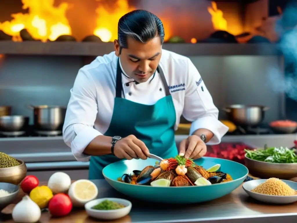 Chef peruano preparando plato marino con ingredientes autóctonos en cocina vibrante