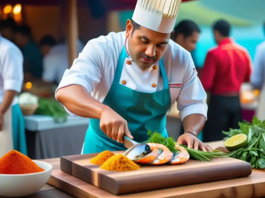 Un chef peruano preparando un plato de mariscos en el Festival del Marisco en Perú