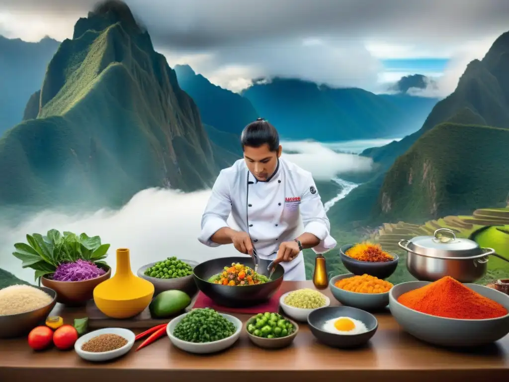 Un chef peruano preparando un plato mar-montaña, destacando colores y texturas vibrantes