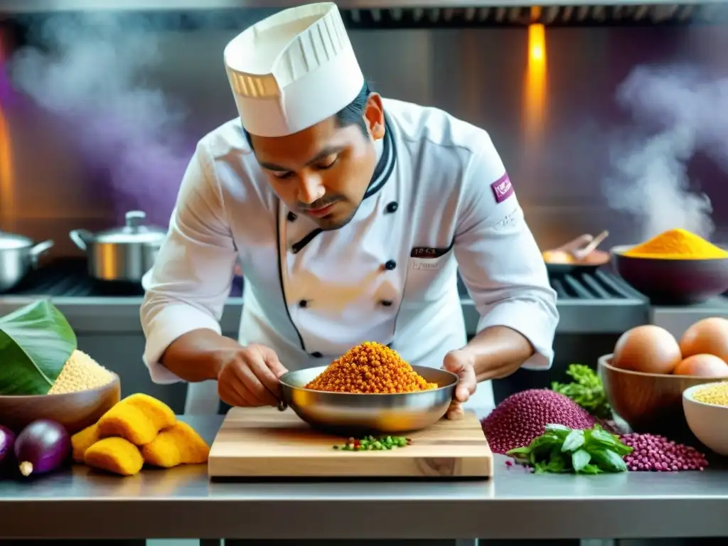 Un chef peruano preparando plato moderno en cocina de alta tecnología, fusionando técnicas culinarias peruanas contemporáneas