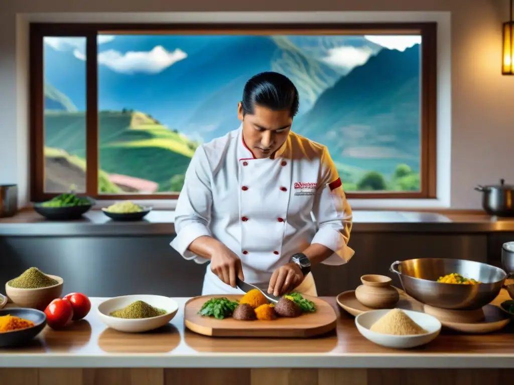 Un chef peruano preparando un plato moderno con Miso Andino en cocina tradicional, rodeado de ingredientes locales vibrantes