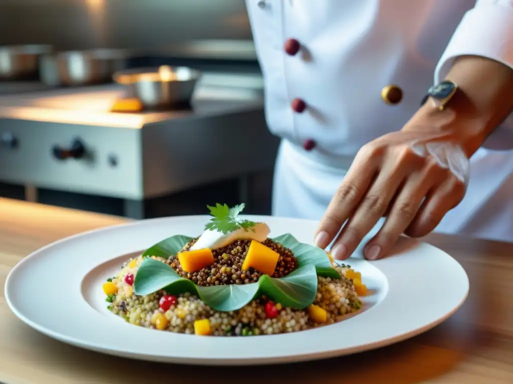 Chef peruano preparando plato moderno con granos ancestrales en elegante cocina