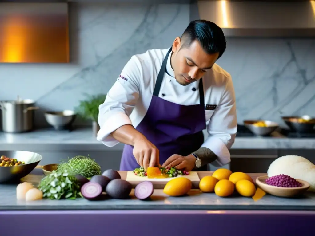 Un chef peruano prepara un plato moderno con ingredientes autóctonos en una cocina vanguardista