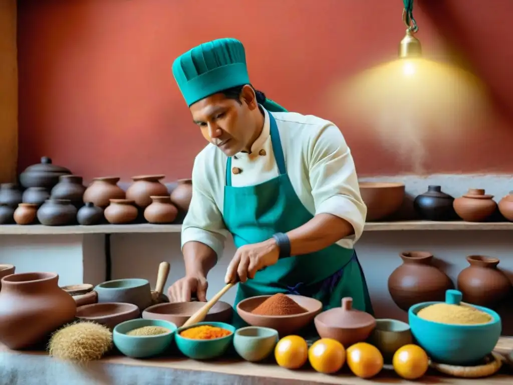 Un chef peruano preparando un plato moderno con herramientas ancestrales en una cocina tradicional