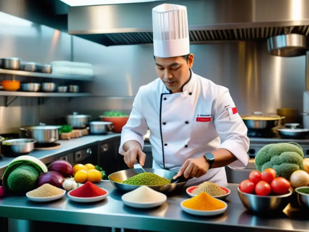 Chef peruano preparando plato con nanotecnología, reflejando la seguridad alimentaria en Perú con innovación culinaria