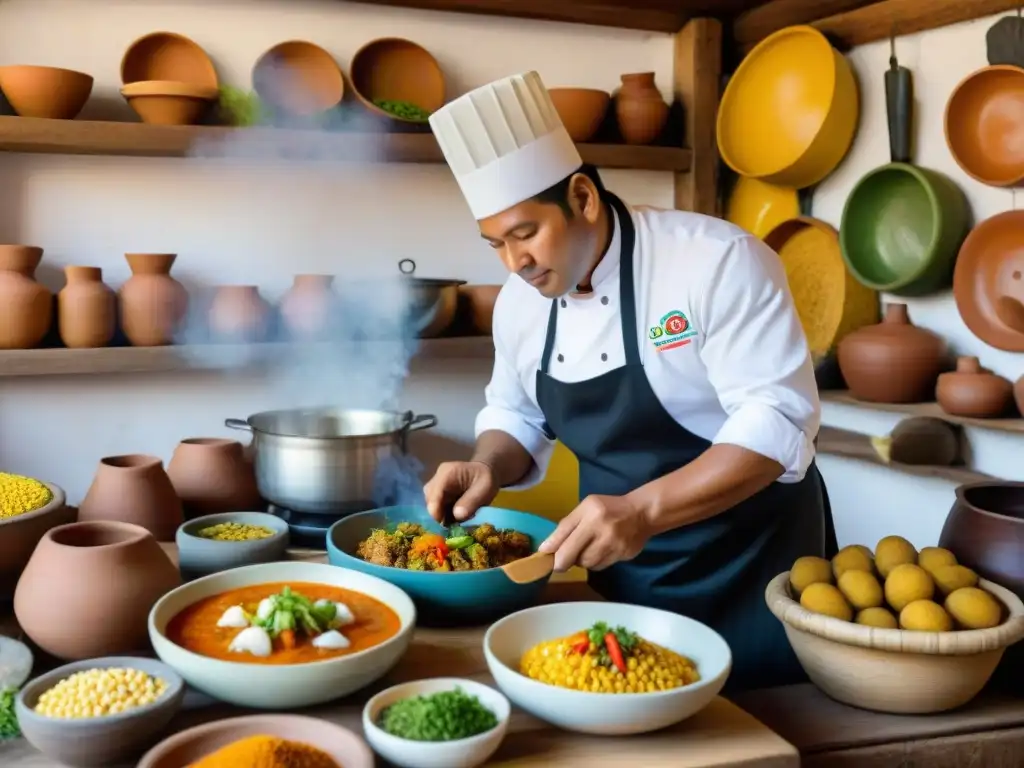 Chef peruano preparando plato norteño con algarrobo y ingredientes autóctonos, destacando beneficios algarrobo gastronomía norte Perú