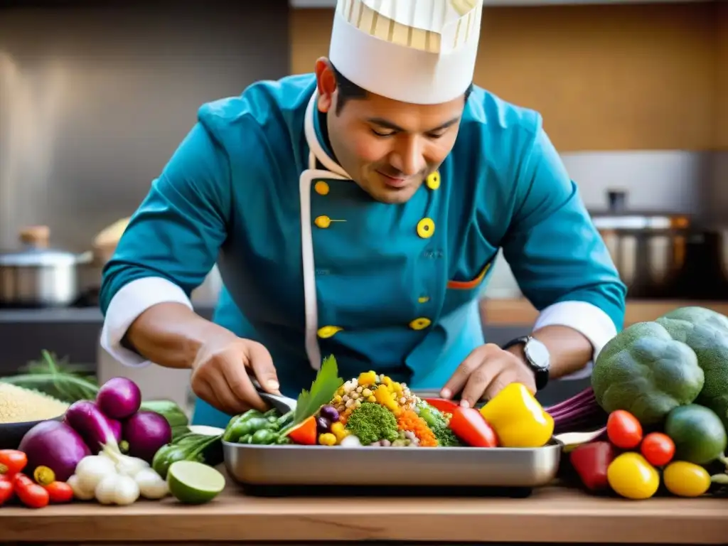 Chef peruano preparando plato nutritivo con tarwi y vegetales