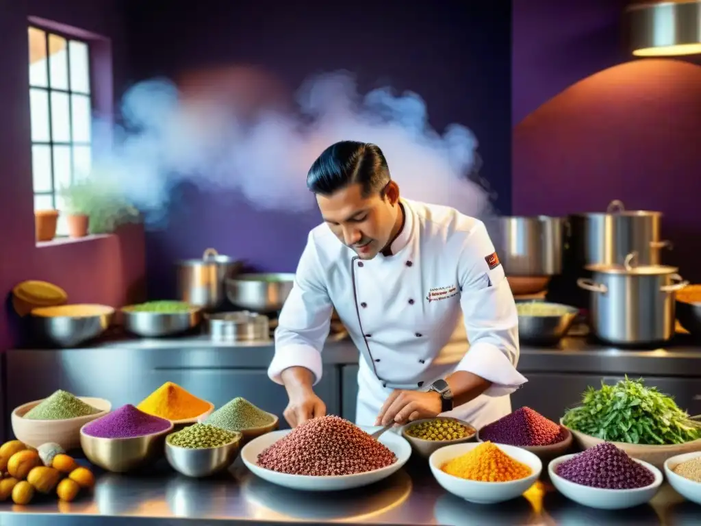 Un chef peruano preparando un plato nutritivo con superalimentos peruanos en una cocina tradicional