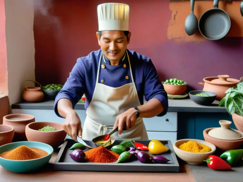 Un chef peruano hábil preparando plato peruano con ingredientes coloridos en cocina tradicional