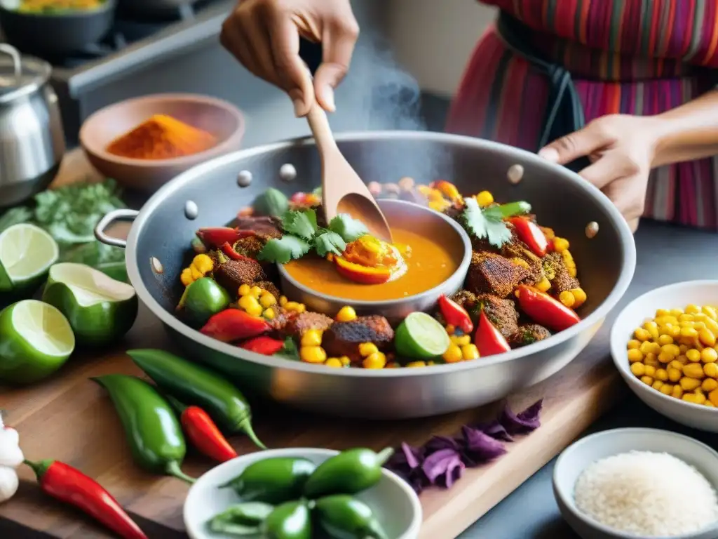 Un chef peruano prepara plato picante en cocina vibrante