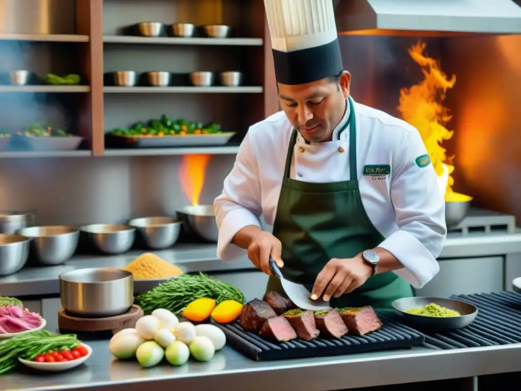 Un chef peruano prepara un plato con Pisco en un ambiente moderno