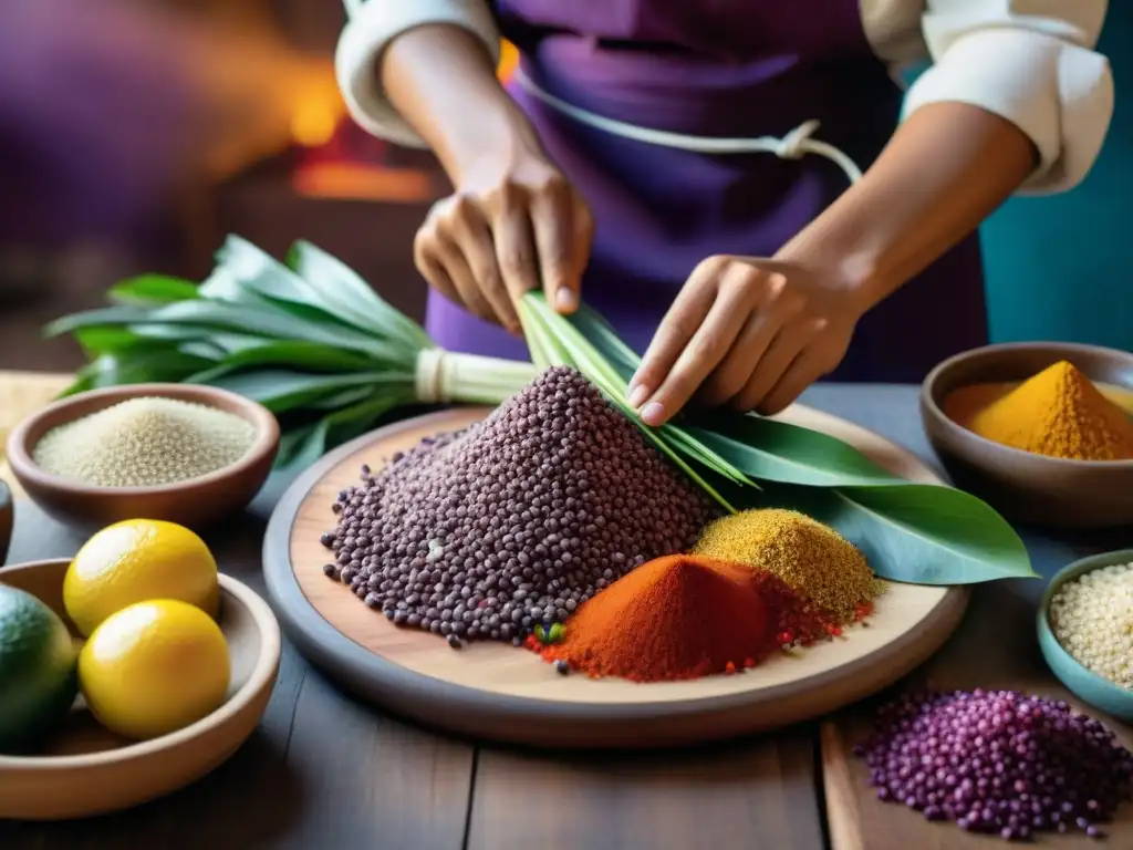 Un chef peruano prepara un plato prehispánico con maestría, resaltando ingredientes vibrantes