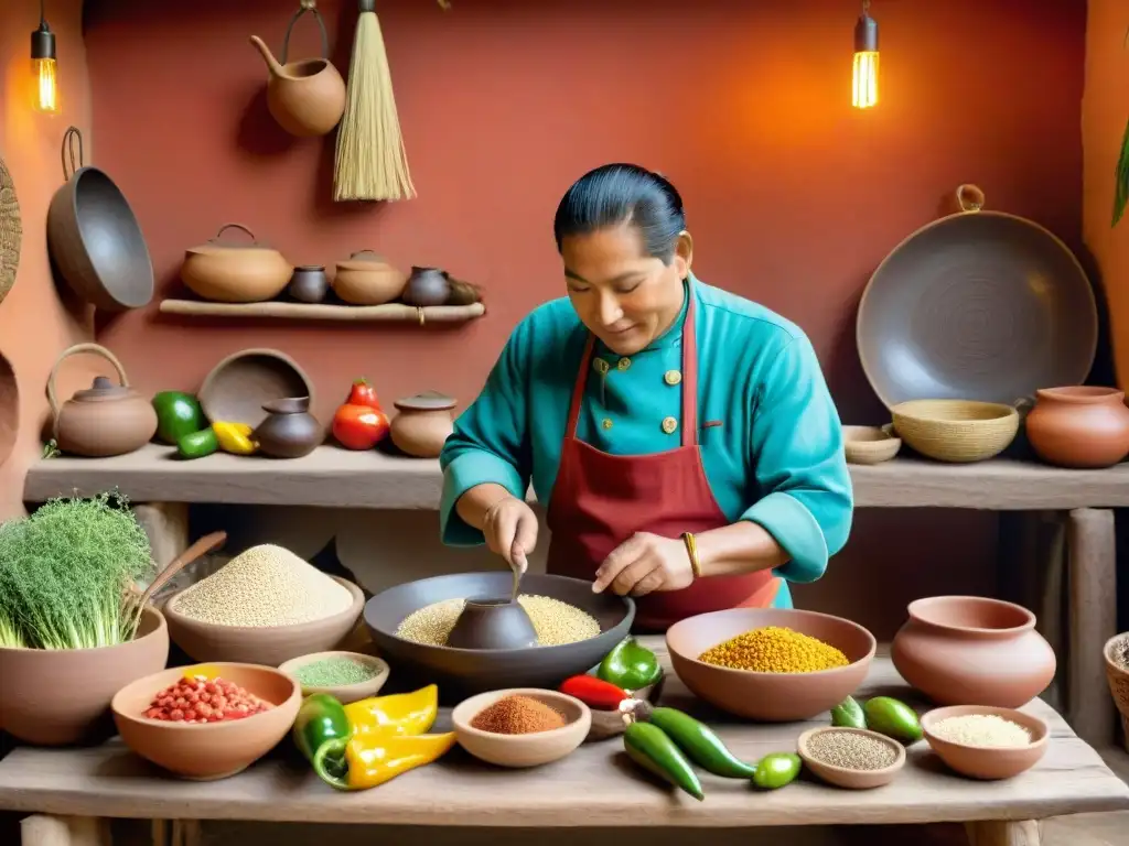 Un chef peruano prepara plato prehispánico con ingredientes tradicionales en cocina rústica