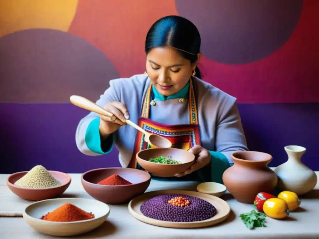 Un chef peruano preparando plato prehispánico rodeado de utensilios tradicionales