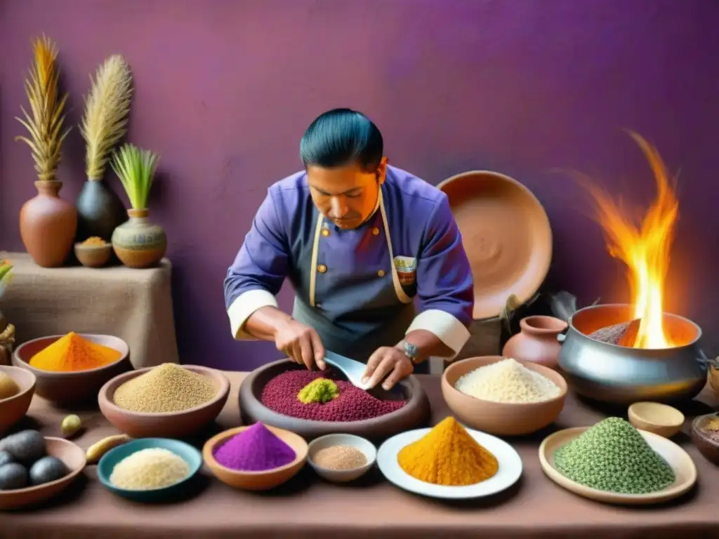 Chef peruano preparando plato prehispánico rodeado de ingredientes vibrantes en cocina tradicional