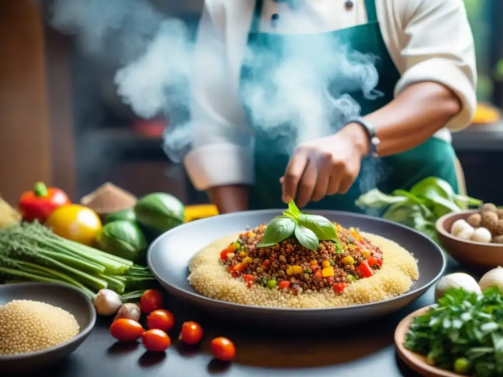 Un chef peruano preparando un plato con quinua en una cocina bulliciosa, rodeado de ingredientes coloridos