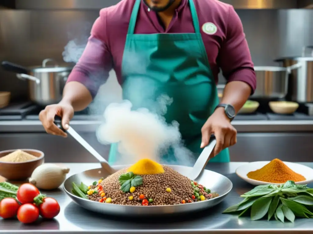 Un chef peruano prepara un plato con quinua en una cocina vibrante