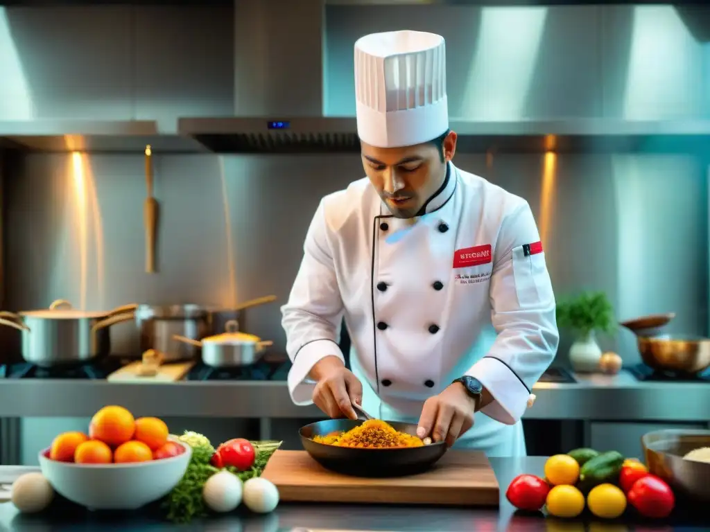 Un chef peruano preparando un plato sofisticado con ingredientes peruanos, fusionando tradición y tecnología en cocción baja temperatura