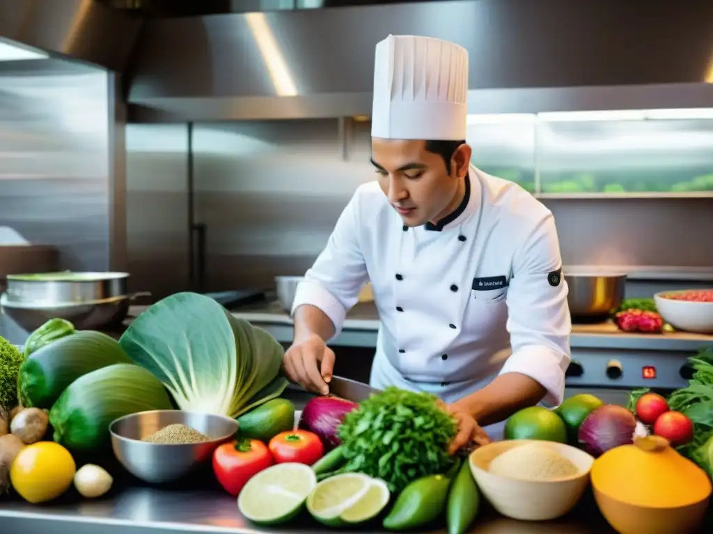 Un chef peruano prepara un plato sostenible con ingredientes locales en una cocina vibrante