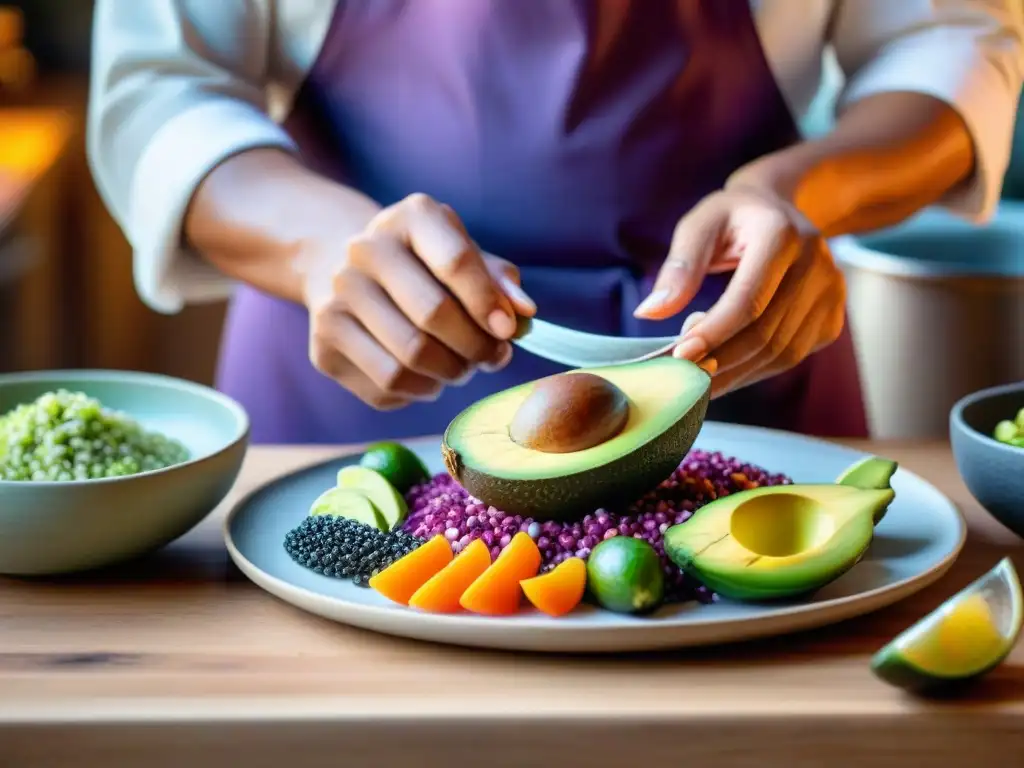 Un chef peruano crea un plato sostenible con ingredientes locales y coloridos en un ambiente acogedor de cocina