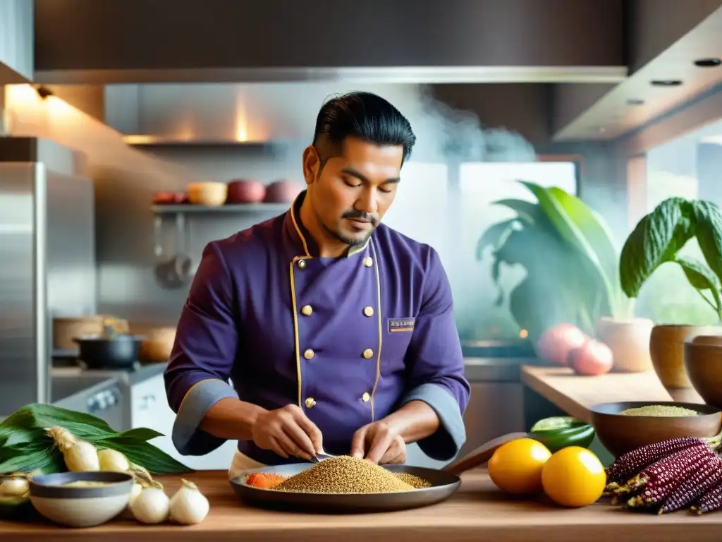 Un chef peruano prepara un plato sostenible con ingredientes locales en una cocina tradicional