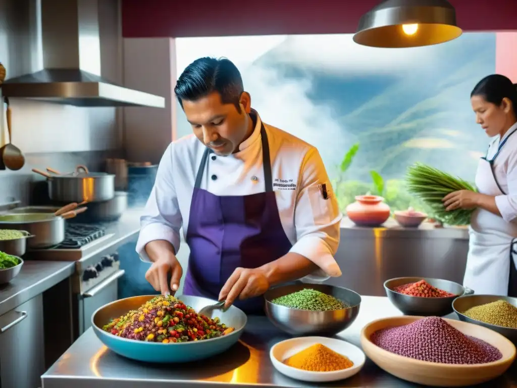 Chef peruano preparando plato sostenible con ingredientes frescos en cocina colorida y eco-friendly