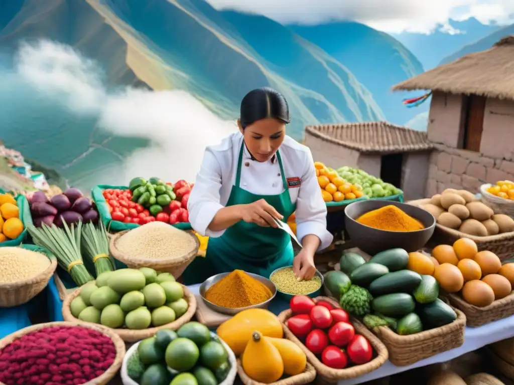 Chef peruano preparando plato típico en mercado colorido, destacando la autenticidad y riqueza de la gastronomía peruana