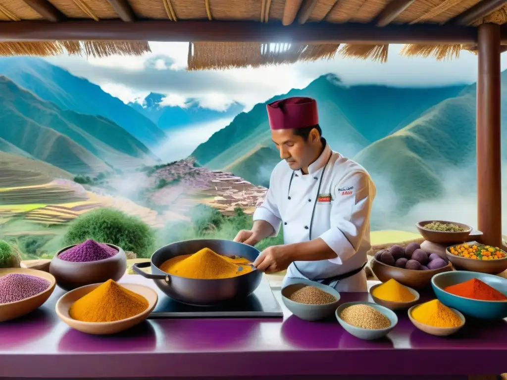 Un chef peruano preparando plato típico rodeado de ingredientes tradicionales