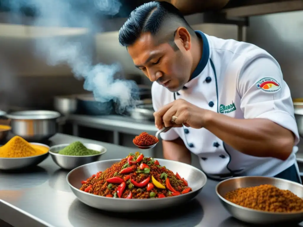 Un chef peruano hábil prepara un plato tradicional con ají en una cocina bulliciosa, reflejando la identidad culinaria peruana