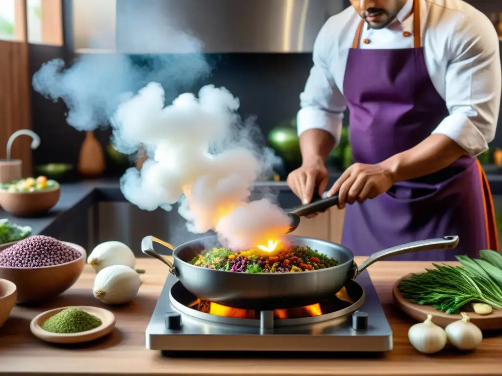 Un chef peruano preparando un plato tradicional rodeado de ingredientes autóctonos en una cocina moderna