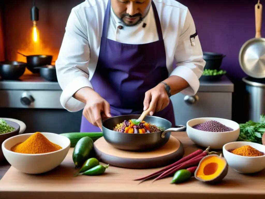 Un chef peruano preparando plato tradicional con ingredientes autóctonos en cocina rústica