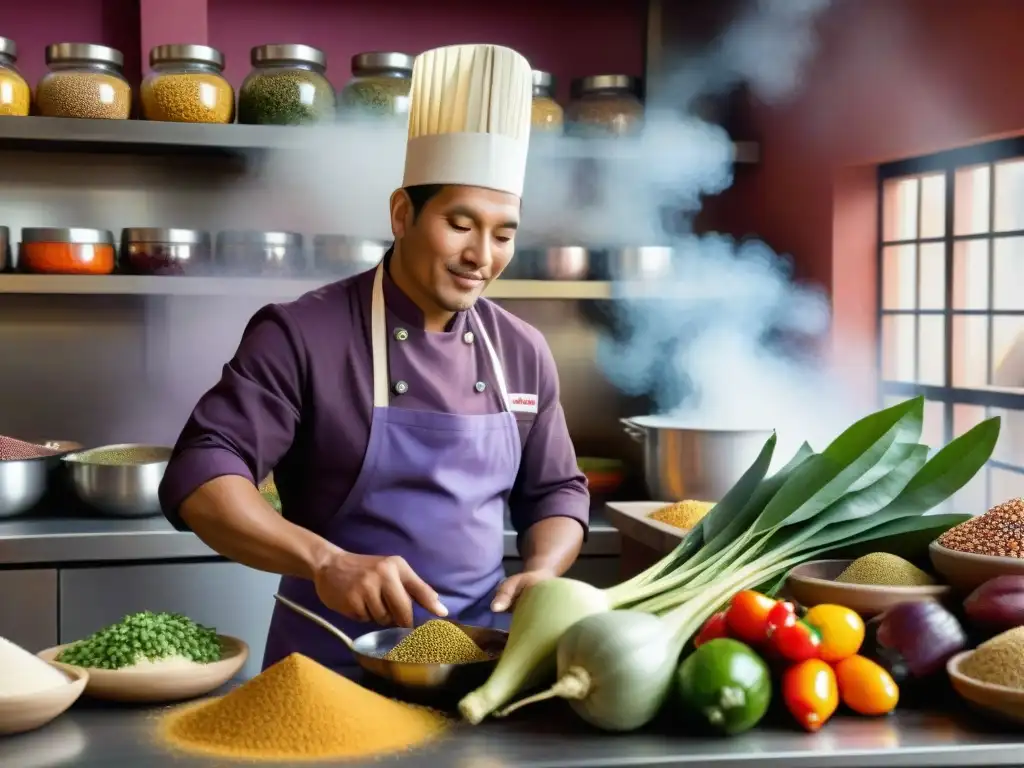 Un chef peruano preparando plato tradicional con ingredientes autóctonos en bulliciosa cocina