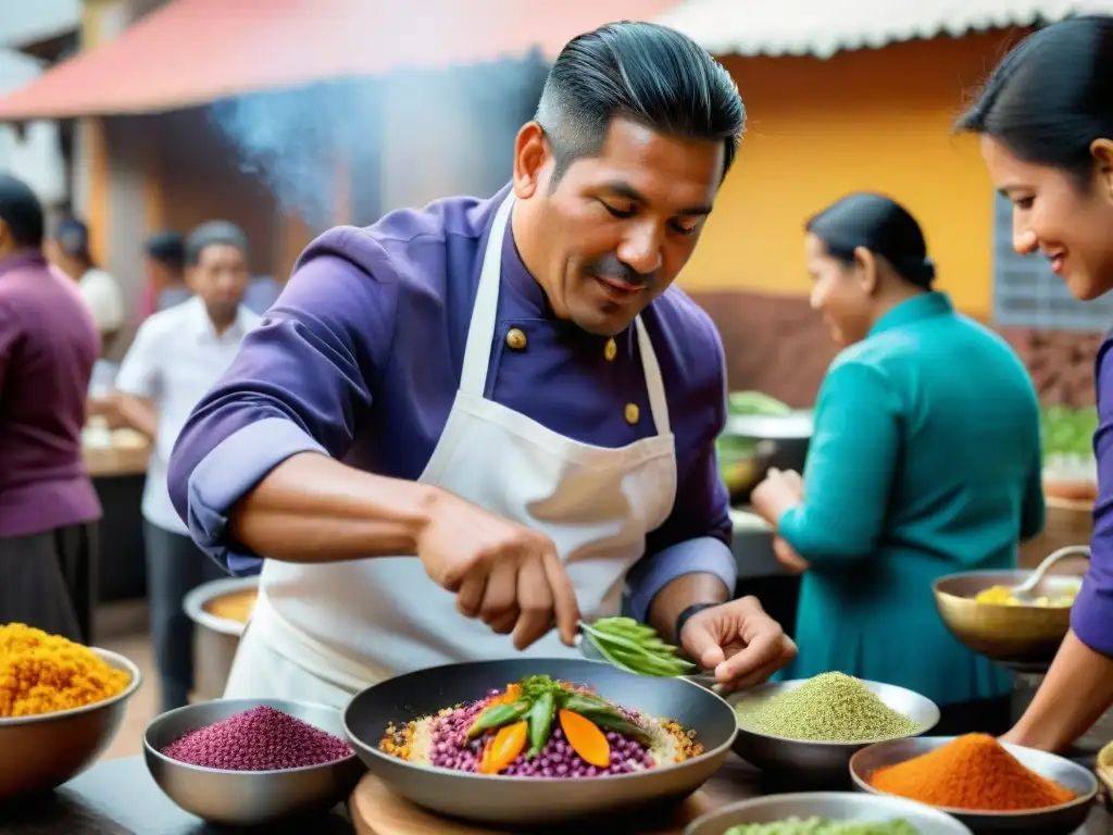 Un chef peruano prepara un plato tradicional con ingredientes autóctonos, uniendo culturas y sabores