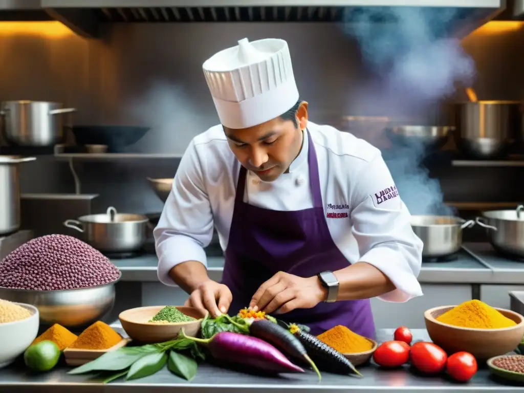 Chef peruano preparando plato tradicional en cocina llena de ingredientes autóctonos