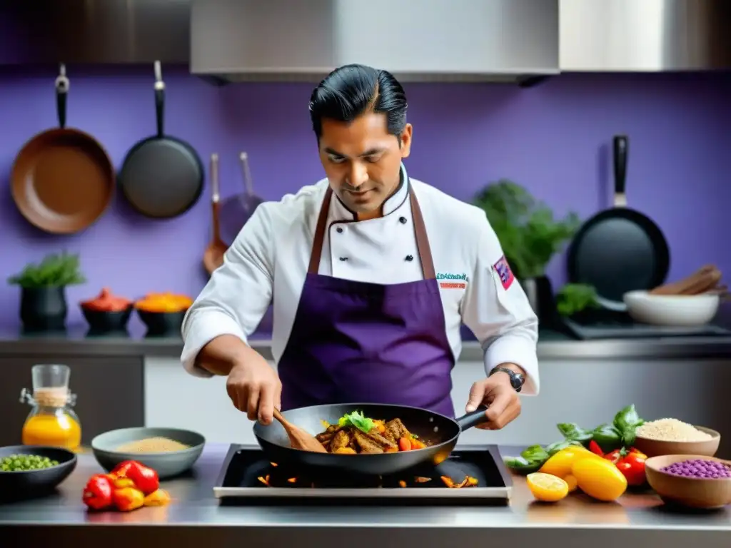 Un chef peruano preparando un plato tradicional en una cocina moderna con equipamiento cocina antiadherente Perú