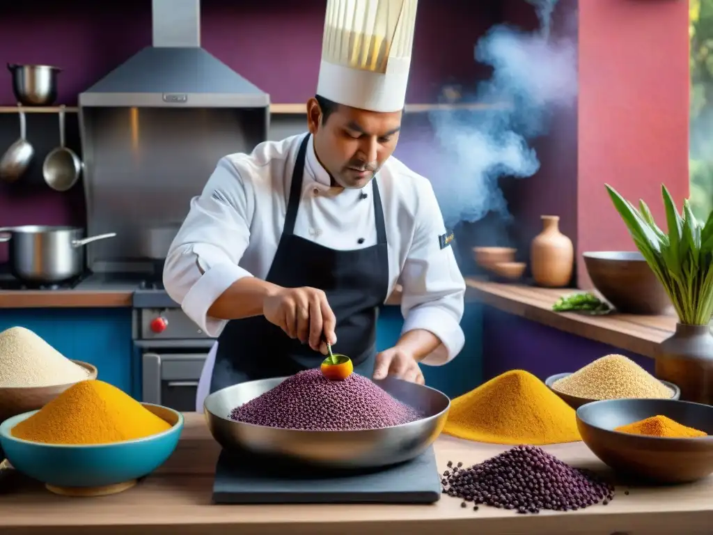 Un chef peruano preparando un plato tradicional con ingredientes autóctonos en una cocina colorida