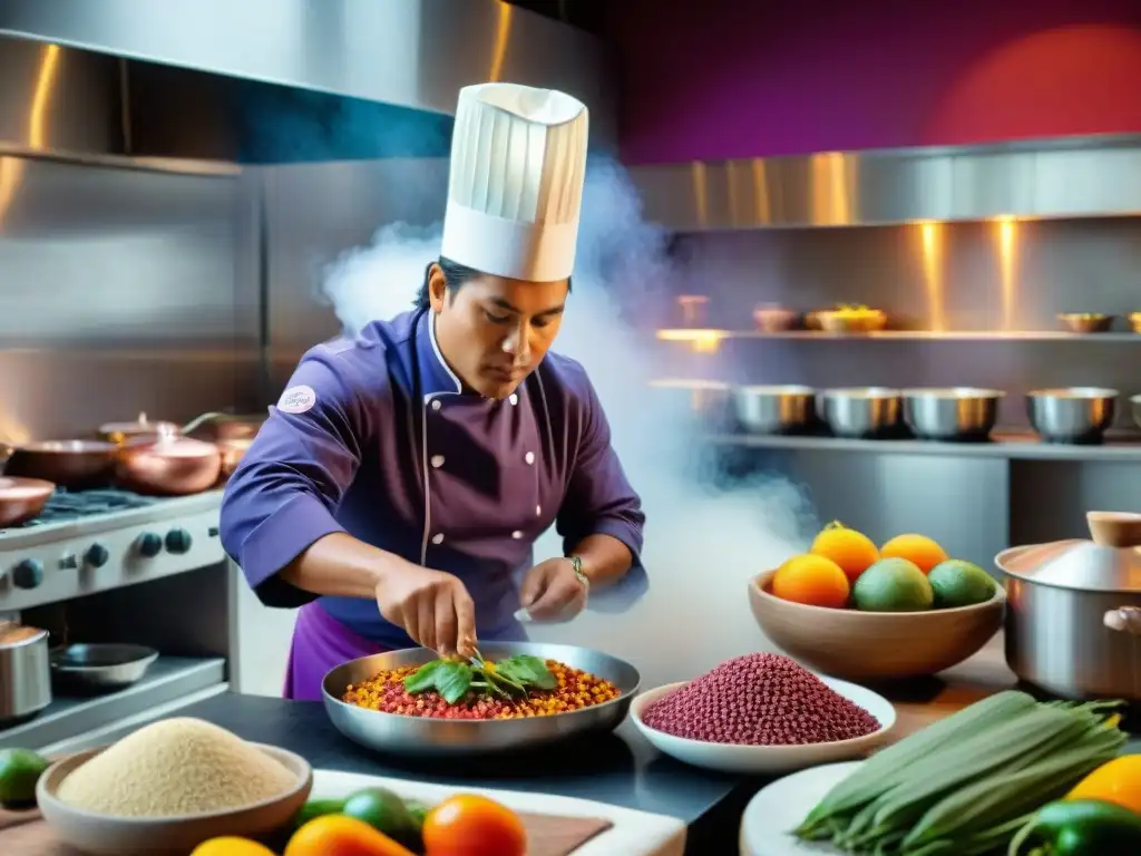 Un chef peruano prepara un plato tradicional rodeado de ingredientes autóctonos en una cocina bulliciosa