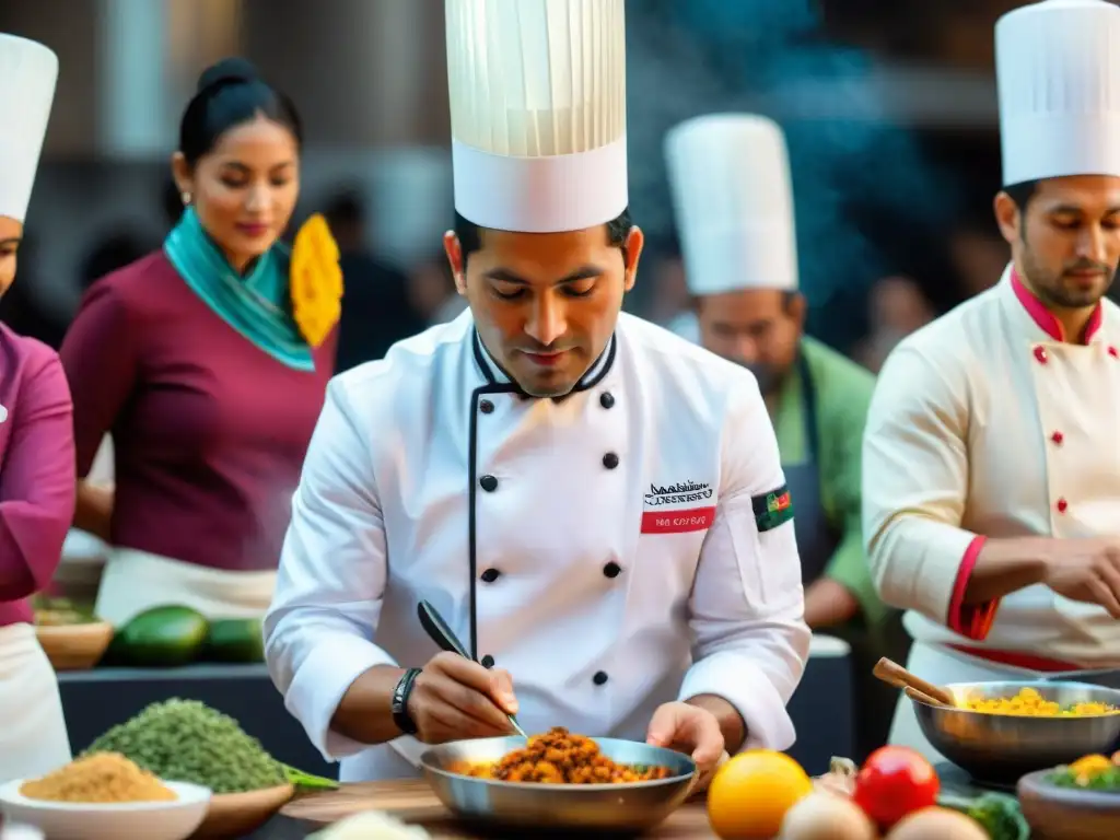 Un chef peruano prepara plato tradicional en evento culinario internacional, rodeado de entusiastas