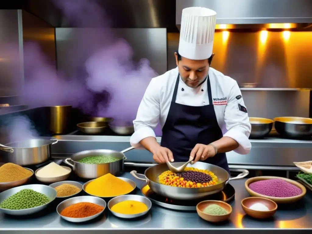 Chef peruano preparando plato tradicional con ingredientes autóctonos en cocina internacional