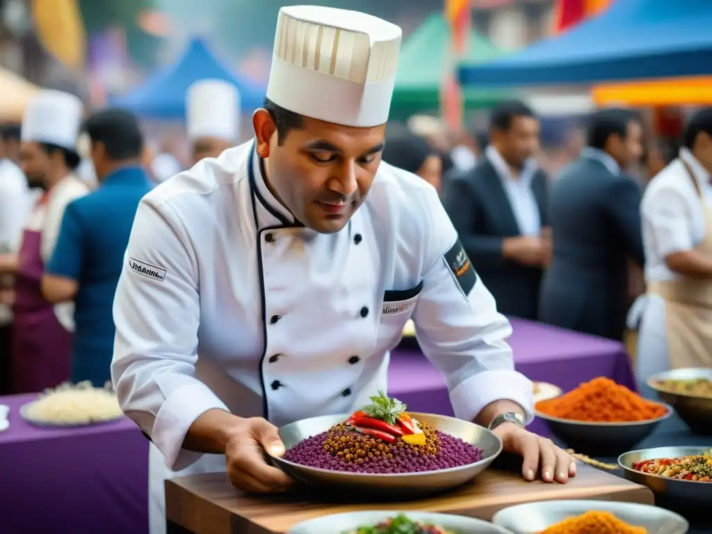 Un chef peruano preparando plato tradicional con ingredientes autóctonos en festival internacional