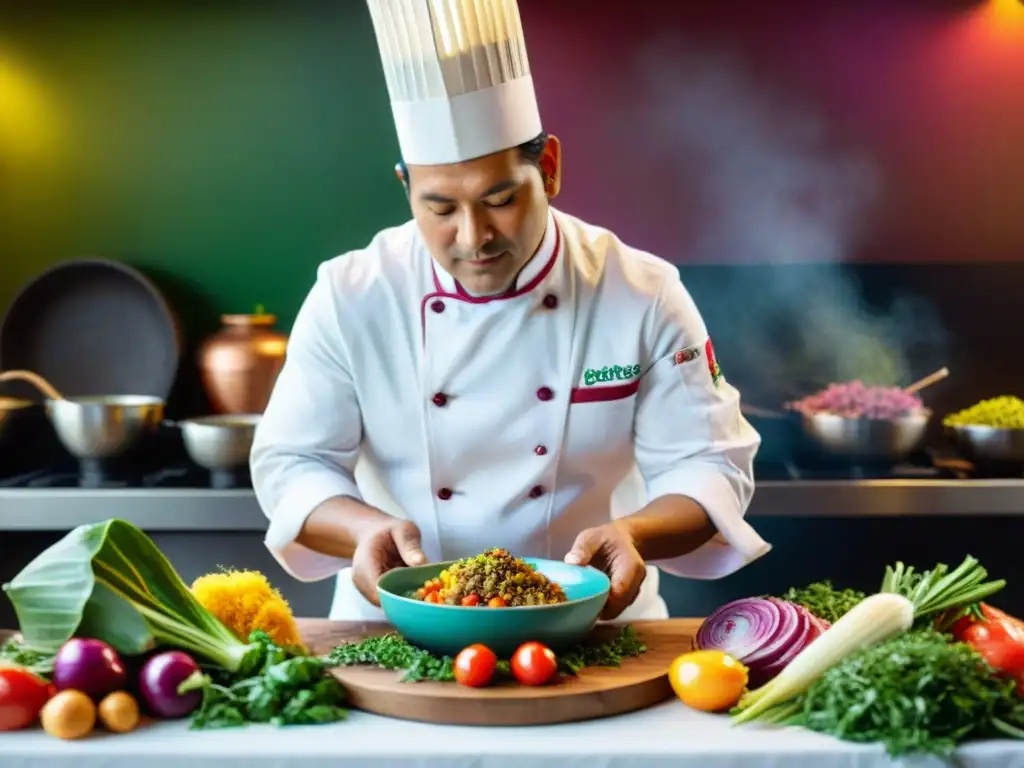 Un chef peruano preparando un plato tradicional con mashua, rodeado de ingredientes frescos