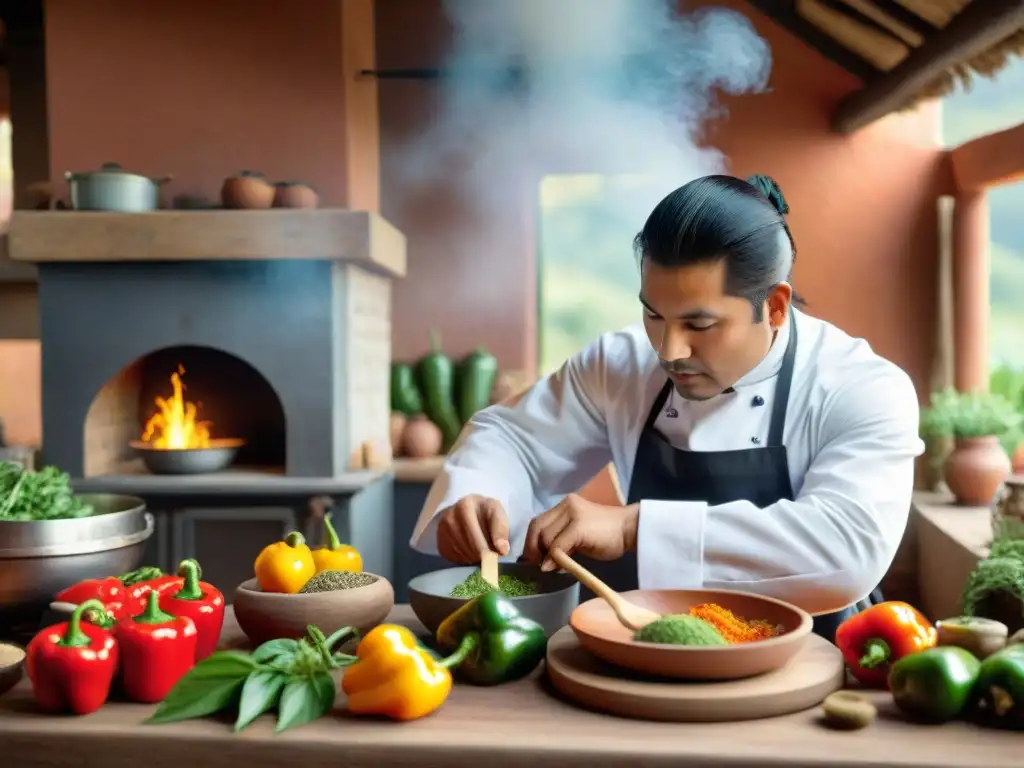 Chef peruano preparando plato tradicional en cocina rústica con ingredientes frescos