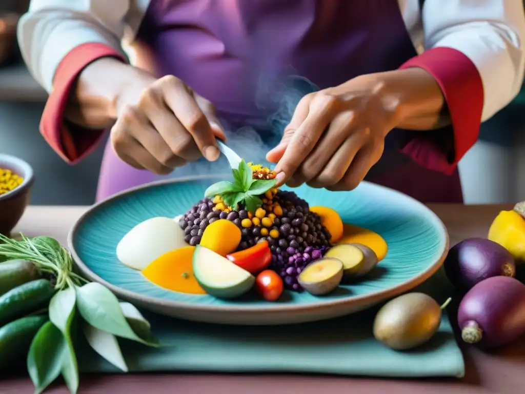 Un chef peruano preparando plato tradicional de Apurímac con ingredientes vibrantes en mercado andino